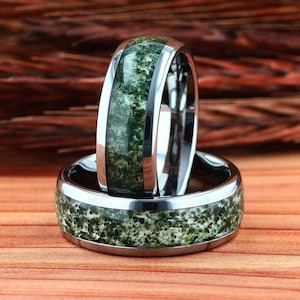 Mens Wedding Ring, Moss Agate Tungsten Ring Silver Polish 8mm, Mens Wedding Band, Natural Eco-Friendly Moss Agate Silver Mens Ring