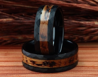 Charred Whiskey Barrel Wood Mens Wedding Ring Black Hammered Tungsten, Mens Wooden Wedding Band, Whiskey Barrel Ring, Comfort Fit 8mm