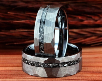 Meteorite Mens Wedding Ring Silver Hammered Tungsten , Men Wedding Ring, Silver Tungsten Ring, Mens Ring, Mens Wedding Band, Comfort Fit 8mm