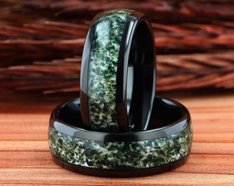Moss Agate Black Tungsten Mens Wedding Ring, Green Moss Agate Unique Wedding Band, Gift for Him, Anniversary Ring, 8mm Promise Ring