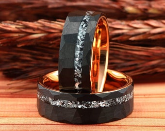Meteorite Mens Wedding Ring Black & Rose Gold Hammered Tungsten , Mens Wedding Ring, Black Mens Ring, Mens Wedding Band, Comfort Fit 8mm