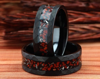 Dinosaur Bone and Meteorite Ring, Mens Wedding Ring, Hammered Black Tungsten Ring, Brushed Tungsten Band, Mens Wedding Band, Comfort Fit 8mm