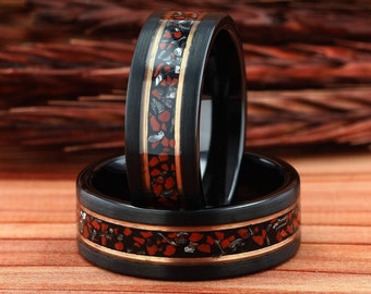 Dinosaur Bone and Meteorite Ring, Mens Wedding Ring, Black Tungsten Ring, Brushed Tungsten Band, Mens Ring, Wedding Band, Comfort Fit, 8mm