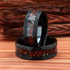 Dinosaur Bone and Meteorite Ring, Mens Wedding Ring, Hammered Black Tungsten Ring, Brushed Tungsten Band, Mens Wedding Band, Comfort Fit 8mm