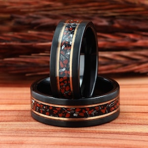 Dinosaur Bone and Meteorite Ring, Mens Wedding Ring, Black Tungsten Ring, Brushed Tungsten Band, Mens Ring, Wedding Band, Comfort Fit, 8mm