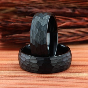 Black Wedding Ring, Black Obsidian Hammered Tungsten Mens Wedding Band 8mm, Black Mens Wedding Ring, Black Mens Ring Hammered Tungsten