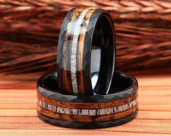 Antler Ring Black Hammered Tungsten Wedding Ring with Charred Whiskey Barrel, Wooden Ring, Whiskey Barrel and Antler Mens Wedding Band 8mm