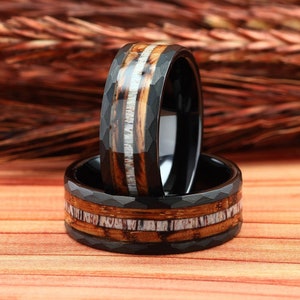 Antler Ring Black Hammered Tungsten Wedding Ring with Charred Whiskey Barrel, Wooden Ring, Whiskey Barrel and Antler Mens Wedding Band 8mm