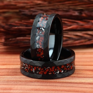 Black Hammered Wedding Ring, Dinosaur Bone & Meteorite Ring, Hammered Brushed Tungsten Band, Mens Ring, Dinosaur Bone Ring Mens Wedding Band