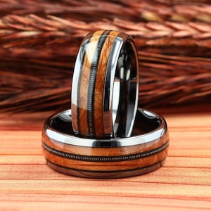 Guitar String Ring, Whiskey Barrel Wood Wedding Band, Tungsten Men Wedding Ring, Guitarist Ring, Musician Ring, Guitar String Inlay 8mm