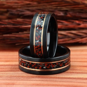 Meteorite and Dinosaur Bone Mens Wedding Ring, Black  Hammered Tungsten Ring, Mens Wedding Bands, 8mm Black Meteorite Promise Ring for Him