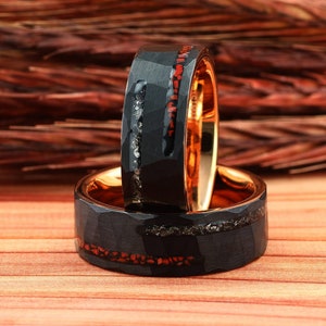 Crushed Dinosaur Bone & Meteorite Mens Wedding Ring, Hammered Black Tungsten Ring, Rose Gold Mens Wedding Band, Ring for Men Comfort Fit 8mm