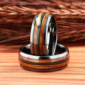 Guitar String Ring, Whiskey Barrel Wood Band, Tungsten Men Wedding Ring, Guitarist Ring, Musician Ring, Guitar String Inlay, Comfort Fit 8mm