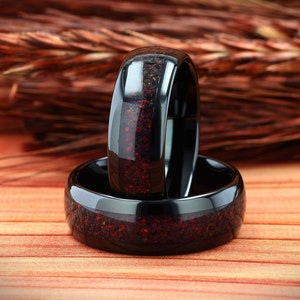 Crushed Black Fire Opal, Mens Wedding Ring, Black Tungsten Ring, Mens Wedding Band, Mens Ring, Opal Ring, Comfort Fit, Gift for Him, 8mm