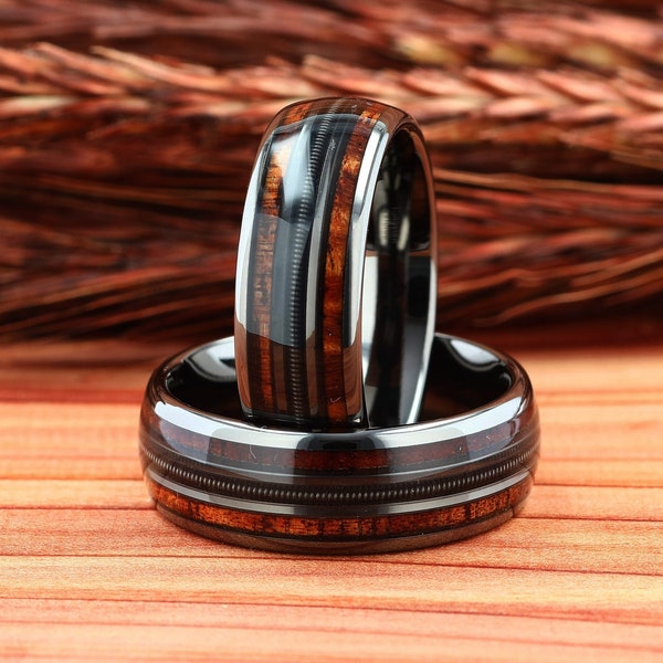 Guitar String Ring, Hawaiian Koa Wood Wedding Band, Tungsten Men's Wedding Ring, Guitarist Ring, Musician Ring, Comfort Fit 8mm