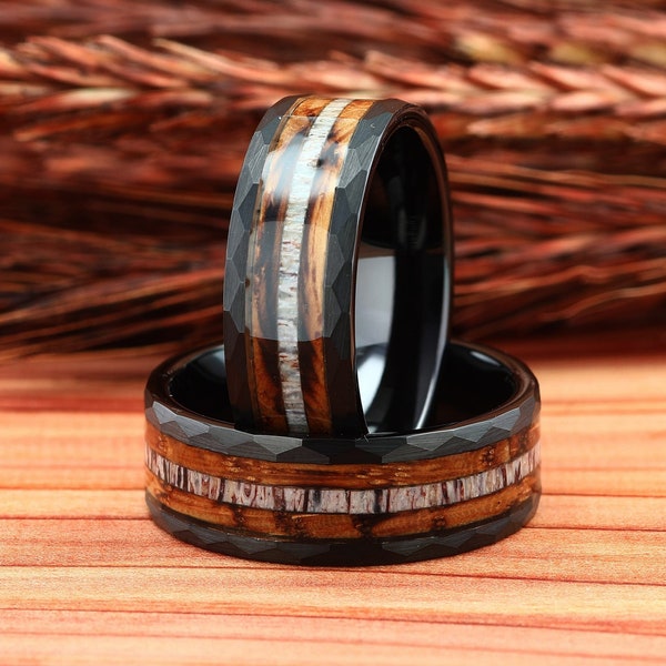 Deer Antler & Charred Whiskey Barrel Wood Mens Wedding Ring Black Hammered Tungsten, Mens Wooden Wedding Band, Antler Ring, Comfort Fit 8mm