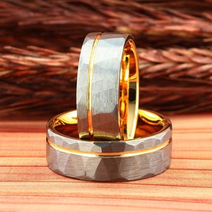 Silver Hammered Mens Wedding Ring Yellow Gold Strip, Hammered Brushed Tungsten Carbide Mens Wedding Band, Comfort Fit 8mm Mens Ring