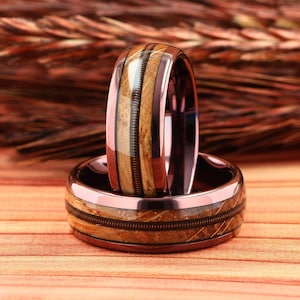 Guitar String Ring, Whiskey Barrel Wood Band, Tungsten Men's Wedding Ring, Guitarist Ring, Musician Ring, Guitar, Comfort Fit 8mm