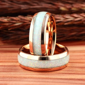 Mens Wedding Ring , Rose Gold Tungsten White Fire Opal, Mens Wedding Band, Opal Ring, Gift for Him, Ring for Men, 8mm Comfort Fit