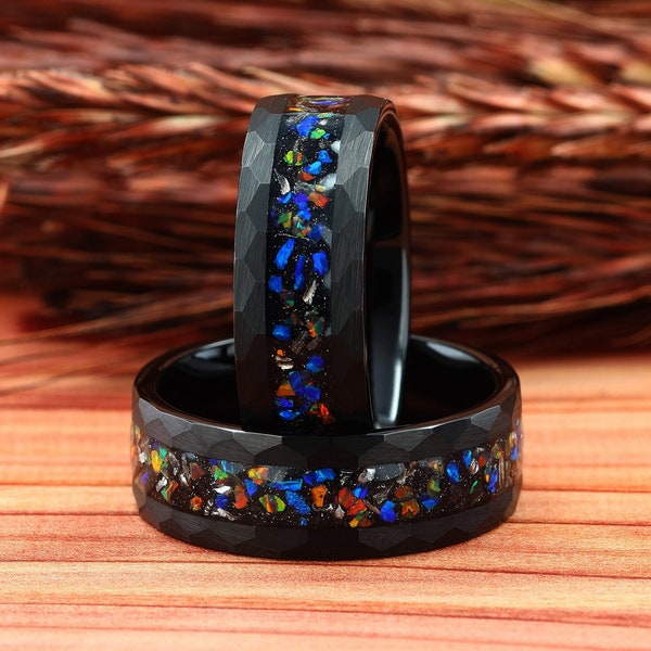 Meteorite & Galaxy Opal Hammered Black Tungsten Mens Ring, Mens Wedding Ring, Mens Wedding Band, Opal Ring, Ring for Men, 8mm Comfort Fit