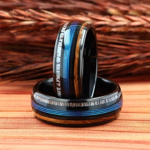 Deer Antler, Whiskey Barrel Wood & Fishing Line Mens Wedding Ring Black Tungsten, Mens Wooden Wedding Band, Antler Ring, Comfort Fit 8mm