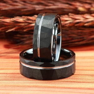 Mens Wedding Ring White Gold Strip, Black Hammered Tungsten Carbide Ring, Mens Wedding Band, Mens Ring, Black Ring Comfort Fit 8mm