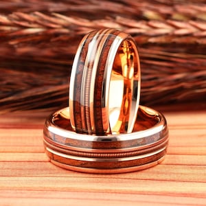 Guitar String Ring, Hawaiian Koa Wood Wedding Band, Tungsten Men&#39;s Wedding Ring, Guitarist Ring, Musician Ring, Guitar String Inlay 8mm