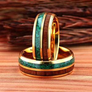 Malachite Ring with Hawaiian Koa Wood Mens Wedding Ring, Hawaiian Koa Wood Band, Unique Wedding Band, Men&#39;s Wedding Band, Wooden Ring