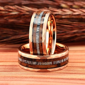 Deer Antler & Charred Whiskey Barrel Wood Mens Wedding Ring Rose Gold Hammered Tungsten, Mens Wedding Band, Antler Mens Ring, Wood Mens Ring