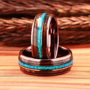 Opal & Hawaiian Koa Wood Mens Wedding Ring Coffee Tungsten, Opal Wood Ring, Wooden Ring for Men, Wood Wedding Band, Comfort Fit, 8mm Ring