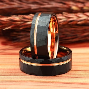 Black Hammered Mens Wedding Ring, Rose Gold Strip Hammered Brushed Tungsten Carbide Mens Wedding Band, Comfort Fit 8mm Mens Ring