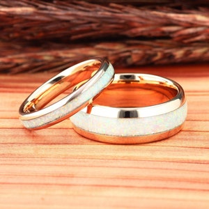 Fire White Opal Rose Gold Tungsten Ring, Couples Wedding Band, Womens Wedding Ring, Mens Wedding Ring, Domed, Polished Comfort Fit 8mm | 4mm