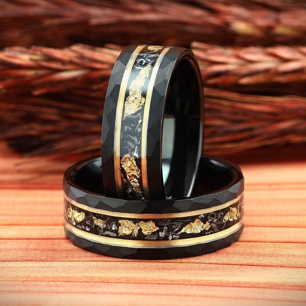 Hammered Gold Leaf and Meteorite Mens Ring, Black Hammered Mens Wedding Ring, Hammered Brushed Tungsten Mens Band, Men Ring, Comfort Fit 8mm