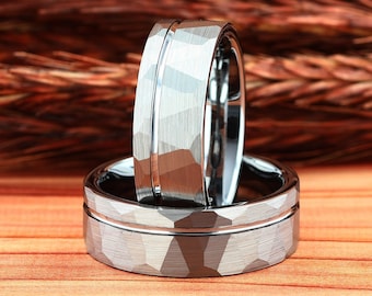 Anillo de bodas para hombre con tira de oro blanco, anillo de carburo de tungsteno martillado en plata, alianza para hombre, anillo de plata, ajuste cómodo de 8 mm