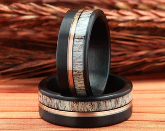 Deer Antler Black Brushed & Rose Gold Stripe Ring, Mens Wedding Ring, Black Tungsten Ring, Mens Wedding Band, Comfort Fit 8mm