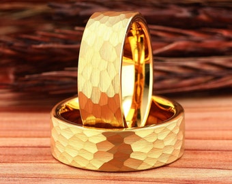 Hammered Gold Wedding Ring, Yellow Gold Tungsten Wedding Band, Mens Engagement Ring, Hammered Gold Tungsten Ring, Mens Wedding Band Gold