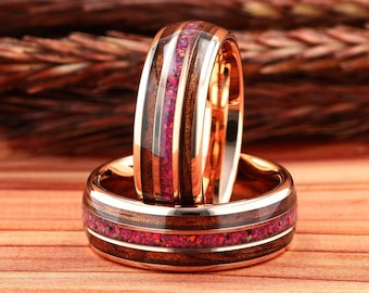Galactic Opal & Hawaiian Koa Wood Mens Wedding Ring Rose Gold Tungsten, Opal Wood Ring, Wood Wedding Band, Comfort Fit, 8mm Ring