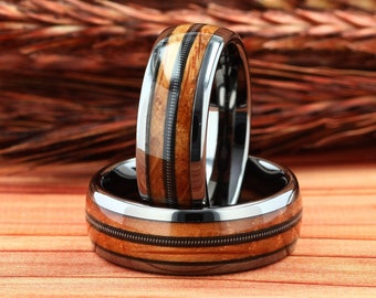 Guitar String Ring, Whiskey Barrel Wood Band, Tungsten Men Wedding Ring, Guitarist Ring, Musician Ring, Guitar String Inlay, Comfort Fit 8mm