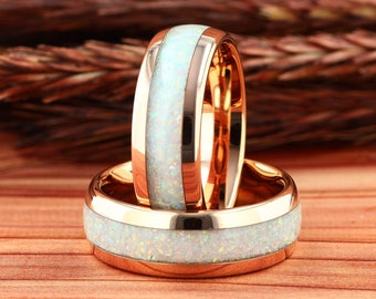 Mens Wedding Ring , Rose Gold Tungsten White Fire Opal, Mens Wedding Band, Opal Ring, Gift for Him, Ring for Men, 8mm Comfort Fit