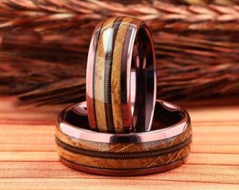 Guitar String Ring, Whiskey Barrel Wood Band, Tungsten Men's Wedding Ring, Guitarist Ring, Musician Ring, Guitar, Comfort Fit 8mm