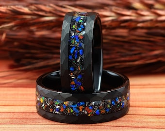 Meteorite & Galaxy Opal Hammered Black Tungsten Mens Ring, Mens Wedding Ring, Mens Wedding Band, Opal Ring, Ring for Men, 8mm Comfort Fit