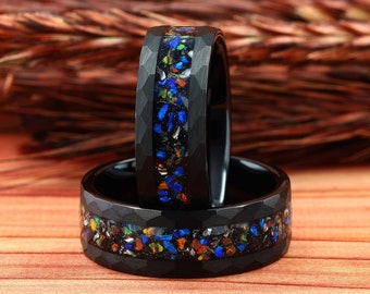 Meteorite & Galaxy Opal Hammered Black Tungsten Mens Ring, Mens Wedding Ring, Mens Wedding Band, Opal Ring, Ring for Men, 8mm Comfort Fit