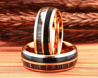 Ancient Bog Wood Rose Gold Mens Wedding Ring, Rose Gold Dome Tungsten Carbide Mens Wedding Band, Comfort Fit 8mm Mens Ring