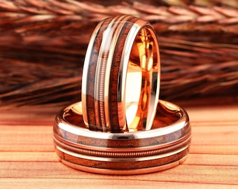 Guitar String Ring, Hawaiian Koa Wood Wedding Band, Tungsten Men's Wedding Ring, Guitarist Ring, Musician Ring, Guitar String Inlay 8mm