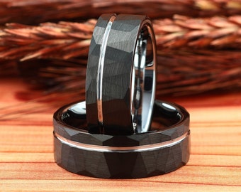 Mens Wedding Ring White Gold Strip, Black Hammered Tungsten Carbide Ring, Mens Wedding Band, Mens Ring, Black Ring Comfort Fit 8mm