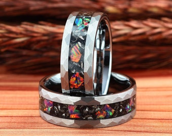 Meteorite & Galaxy Opal Hammered Silver Tungsten Mens Wedding Ring, Mens Wedding Ring, Mens Wedding Band, Ring for Man, 8mm Comfort Fit
