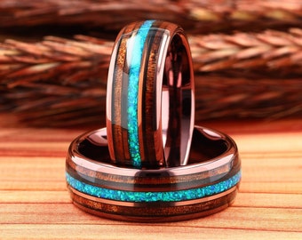 Opal & Hawaiian Koa Wood Mens Wedding Ring Coffee Tungsten, Opal Wood Ring, Wooden Ring for Men, Wood Wedding Band, Comfort Fit, 8mm Ring
