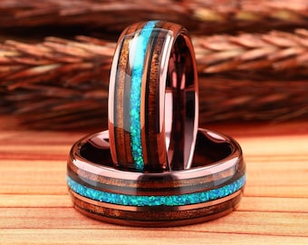 Opal & Hawaiian Koa Wood Mens Wedding Ring Coffee Tungsten, Opal Wood Ring, Wooden Ring for Men, Wood Wedding Band, Comfort Fit, 8mm Ring