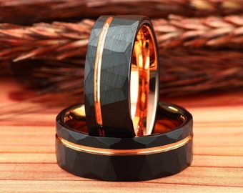 Black Hammered Mens Wedding Ring, Rose Gold Strip Hammered Brushed Tungsten Carbide Mens Wedding Band, Comfort Fit 8mm Mens Ring