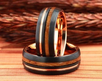 Whiskey Barrel Wood Mens Wedding Ring Black Domed Tungsten, Mens Wooden Wedding Band, Whiskey Barrel Ring, Mens Ring Comfort Fit 8mm